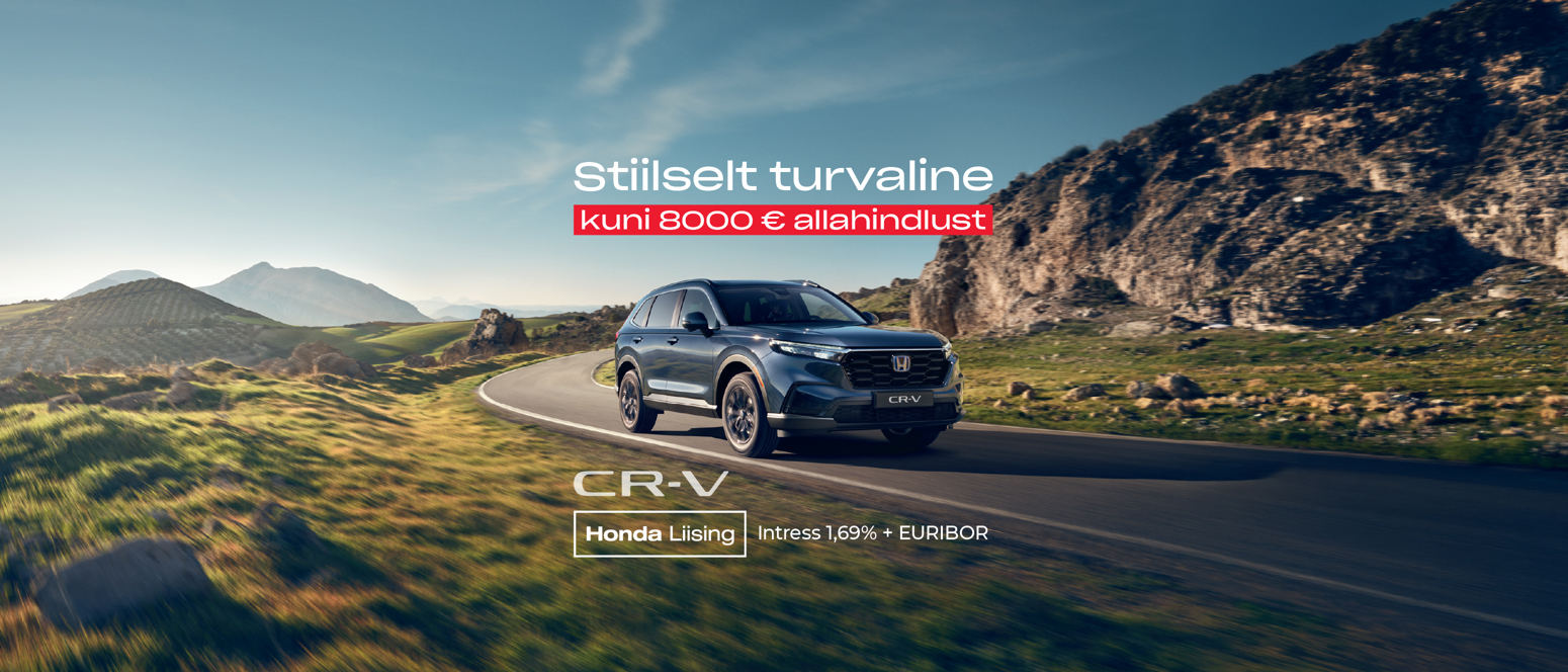 A blue Honda CR-V on a mountain road with Estonian promotional text about available discounts and leasing options.