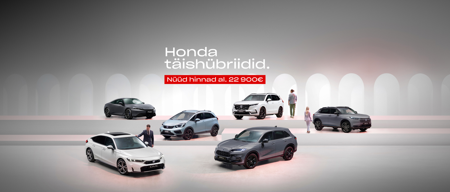 Six Honda hybrid cars are showcased in a showroom with people nearby; Estonian text and price information are displayed above.