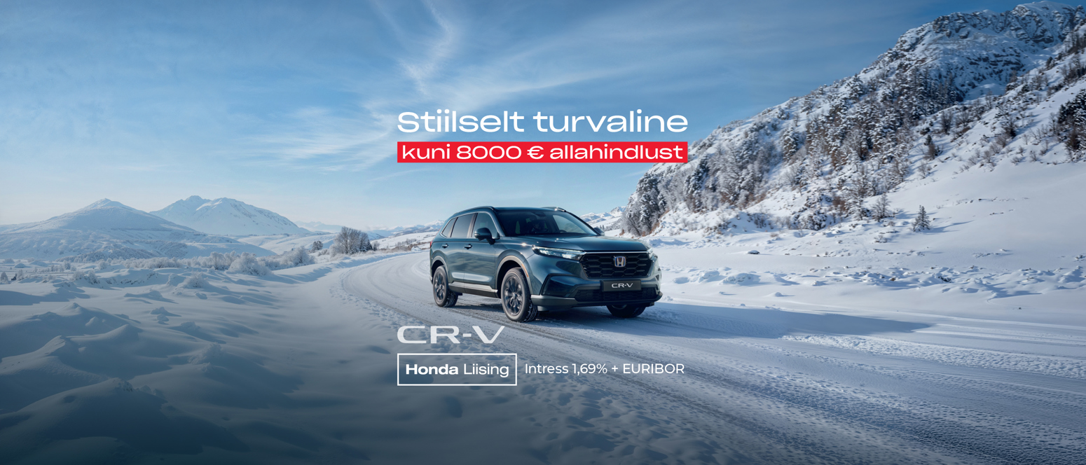 A blue Honda CR-V drives on a snowy mountain road with winter scenery; Estonian text advertises a discount and leasing offer.